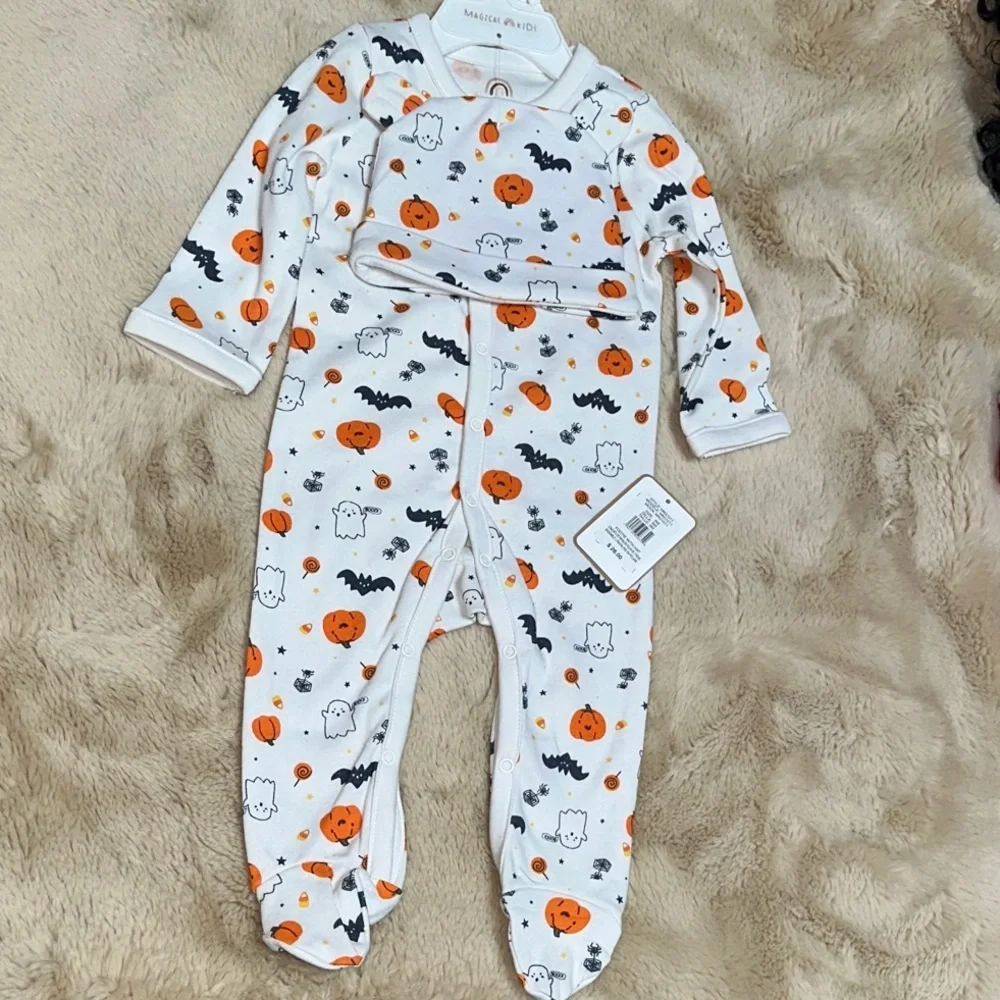 NEW Magical Kids Halloween Pumpkin & Ghost Print Baby Footie with Hat